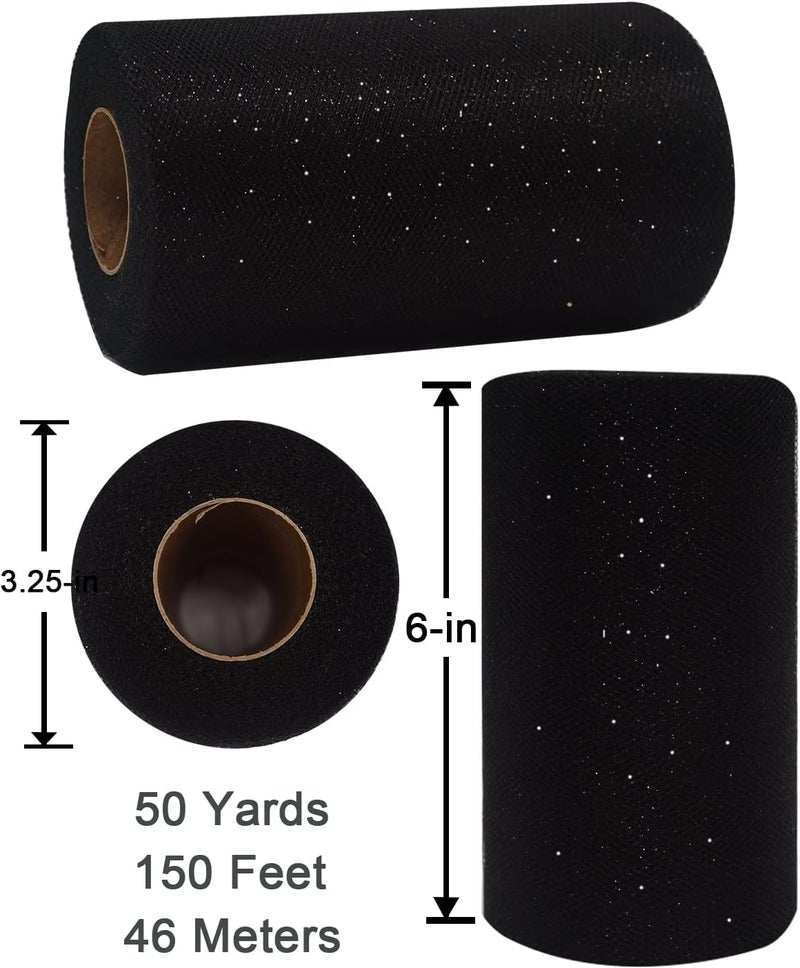 Ableme Deco Black Glitter Tulle Fabric Rolls, 6 Inch 50 Yards (150ft) Sparkling Spool Ribbon Sequin Netting for Tutu Skirt Gift Wrapping Wedding Party Decoration (Black) - Image 3
